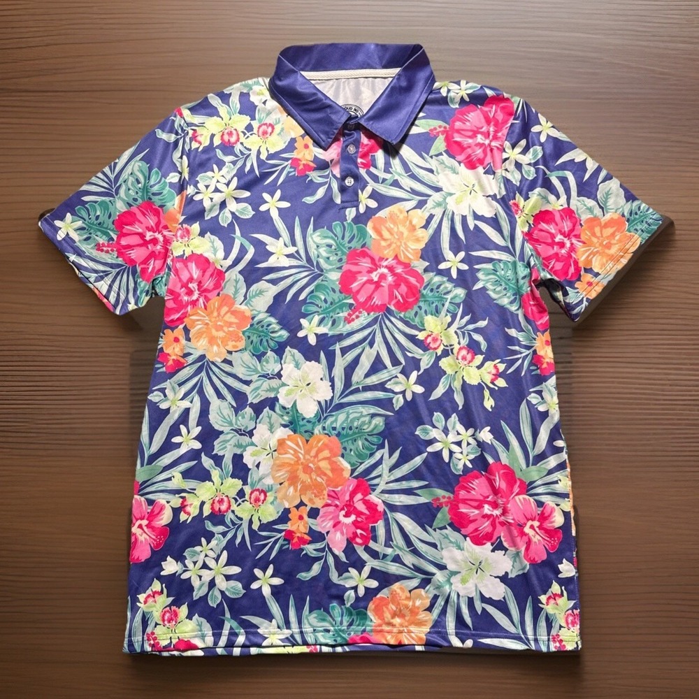 Proud 90 Men's Pink Blue Floral Hawaiian Shirt Large Golf is Fun Polo Stretch